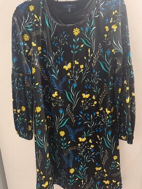 Kaari Blue Black Long-Sleeve Floral Shift Dress with Yellow & Teal Blooms